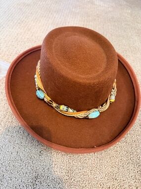 Vintage Wool Cowboy Hat with Turquoise Stone and Gold Braided Accessory